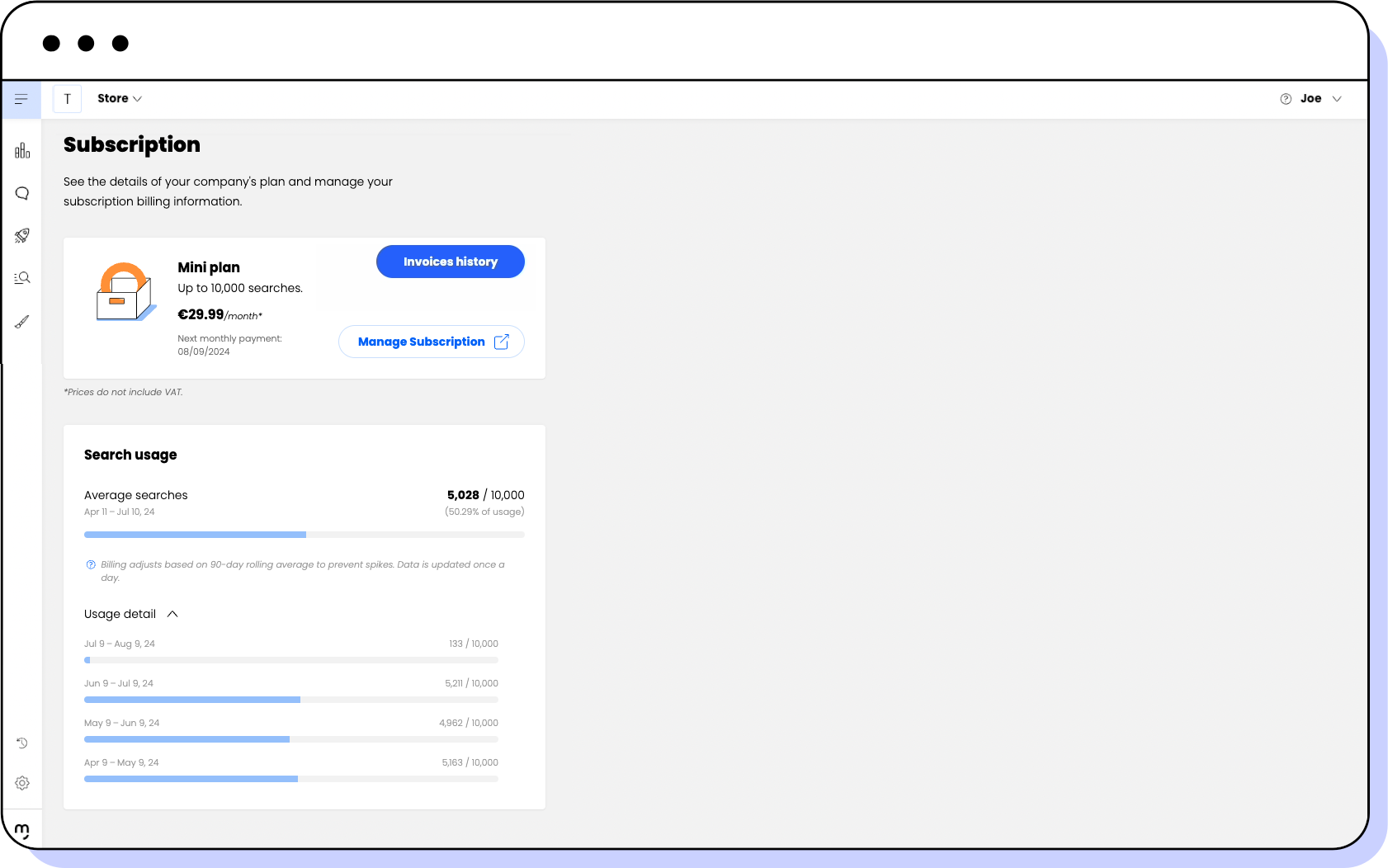 Billing screen showing the Subscription company plan, the invoices history, and the search usage.