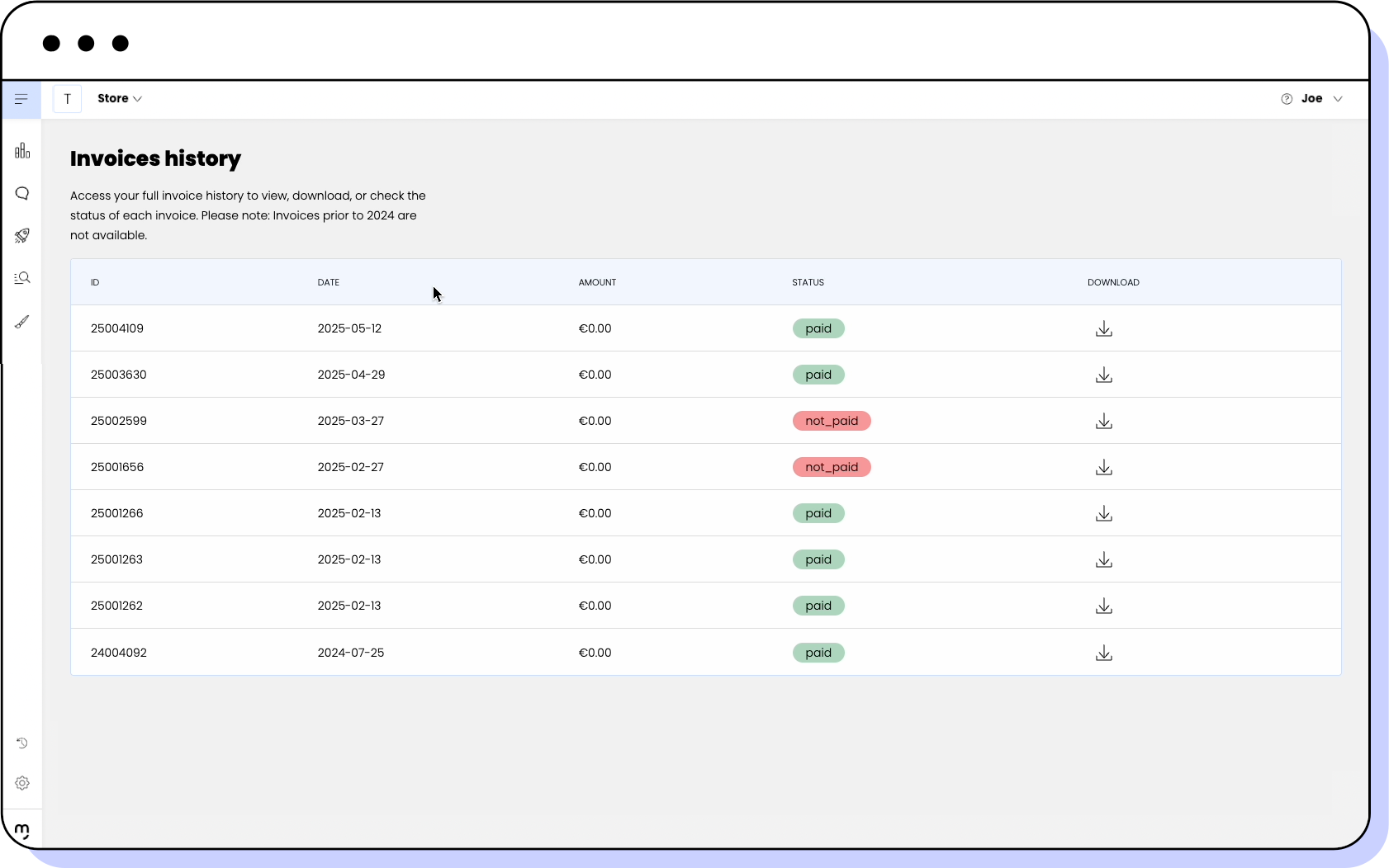 Invoices history screen showing the list of invoices and their corresponding data.