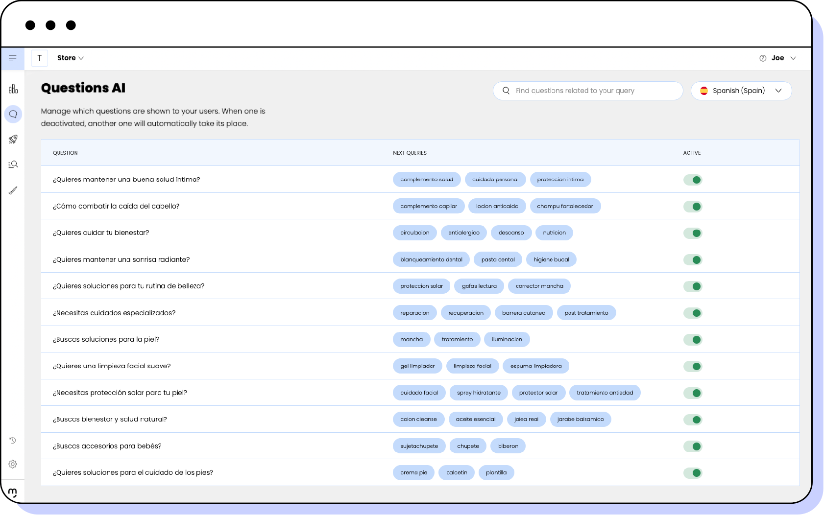 Questions AI tool in the Motive Playboard showing GenAI-generated queries for e-commerce search